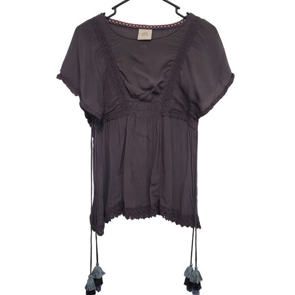 Knox Rose Boho Tassel Top XS Gray Lace Hem Peasant Style Blouse - Picture 1 of 7